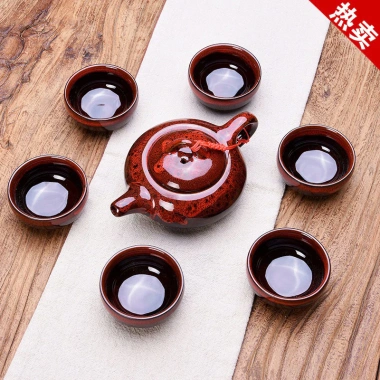 Ấm chén kiến trản men hỏa biến 1 ấm 6 chén trà và hộp đựng Huydecor - Giá chỉ 116k