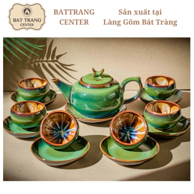 Ấm chén men hoả biến Bát Tràng men xanh lục - hoa nở trong lòng, giá 492.132₫