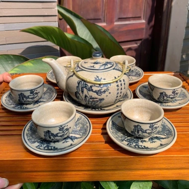 Ấm chén men rạn cổ Bát Tràng - Bộ Trúc Lâm Thất Hiền, Cổ Tự gốc Tùng, Nhị Cảnh Sơn Thuỷ quai đồng - Giá ưu đãi 260.000₫ 8