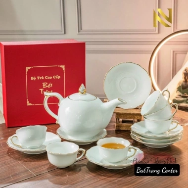 Ấm chén pha trà Bát Tràng men trắng tinh xảo viền vàng cao cấp – giá rẻ, giảm 20% 2