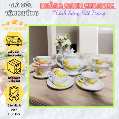 Ấm chén pha trà Bát Tràng men trắng vẽ hoa mai vàng - Phú Quý sang trọng, quà tặng trà