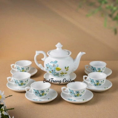 Ấm chén pha trà Bát Tràng men trắng vẽ hoa mai vàng - Phú Quý sang trọng, quà tặng trà