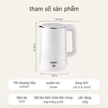 Ấm đun nước điện HODEKT 1.8L/2.3L nhanh, thép không gỉ, 2 lớp chống bỏng, 157.000₫