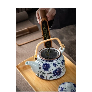 Ấm Trà Sứ Cỡ Lớn Làm Mát Đồ Dùng Cầm Chùm Cổ Điển Gốm Sứ Trắng Xanh 2