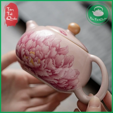 Ấm trà sứ Thanh Hóa men rạn họa tiết mẫu đơn 180ml mẫu hồng nhạt giá ưu đãi