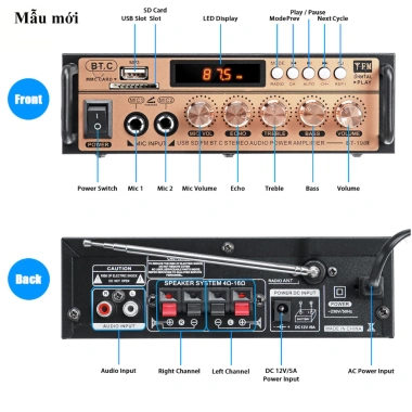 Ampli Mini Loa Amly Bluetooth BT-198B 600W Karaoke Gia Đình Xe Ô Tô Giá Ưu Đãi 400k