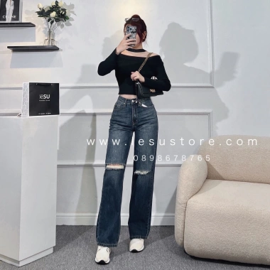 Ảnh tự chụp Quần jeans Culottes cotton rách xẻ 2 gối dài 105cm - Giá chỉ 375.000đ
