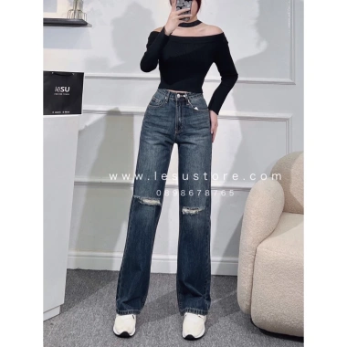 Ảnh tự chụp Quần jeans Culottes cotton rách xẻ 2 gối dài 105cm - Giá chỉ 375.000đ