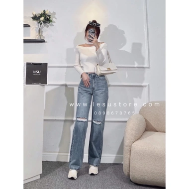 Ảnh tự chụp Quần jeans Culottes cotton rách xẻ 2 gối dài 105cm - Giá chỉ 375.000đ