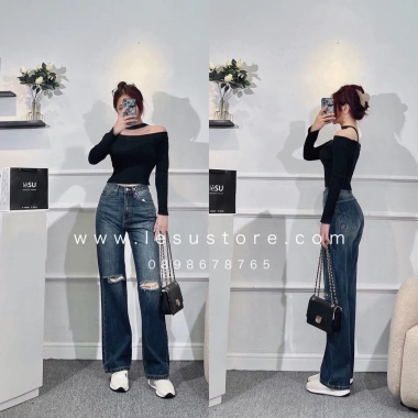 Ảnh tự chụp Quần jeans Culottes cotton rách xẻ 2 gối dài 105cm - Giá chỉ 375.000đ