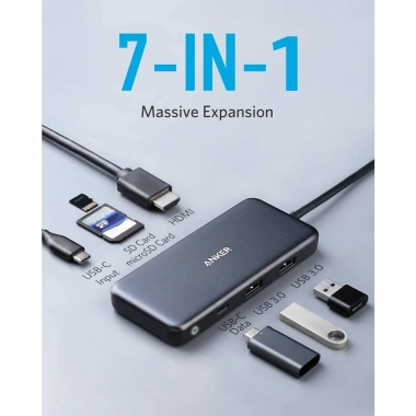 Anker USB‑C 7 trong 1: HDMI 4K, Sạc 100W, 2 USB‑A 5Gbps, Đọc thẻ SD & Micro SD - Giá chỉ 945.000₫