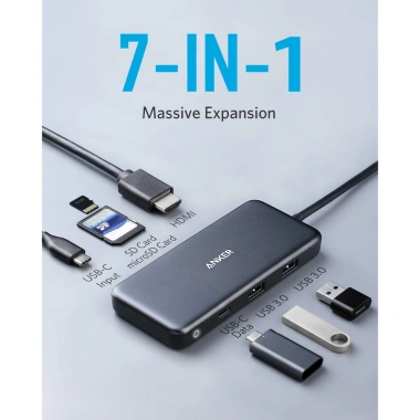 Anker USB‑C 7 trong 1: HDMI 4K, Sạc 100W, 2 USB‑A 5Gbps, Đọc thẻ SD & Micro SD - Giá chỉ 945.000₫