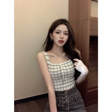 Áo 2 dây bản to kẻ caro croptop dệt kim co giãn sexy, chỉ 25k