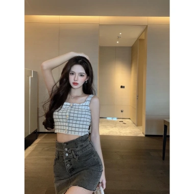Áo 2 dây bản to kẻ caro croptop dệt kim co giãn sexy, chỉ 25k