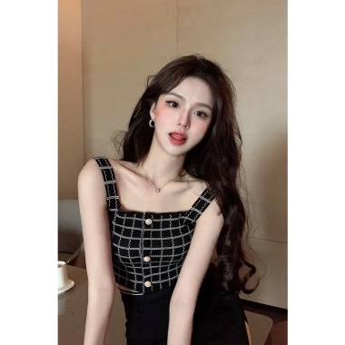 Áo 2 dây bản to kẻ caro croptop dệt kim co giãn sexy, chỉ 25k