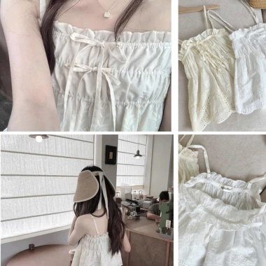 Áo 2 Dây Vải Ren Phối Hoa Dây Nơ Ngực Xinh Bo Chun Ngực Đẹp Thời Trang Mặc Nhà và Đi Biển 155k