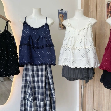Áo 2S Chấm Bi Babydoll Dáng Rộng Hai Dây Nữ Tiểu Thư Phối Bèo - Giá Ưu Đãi 155k