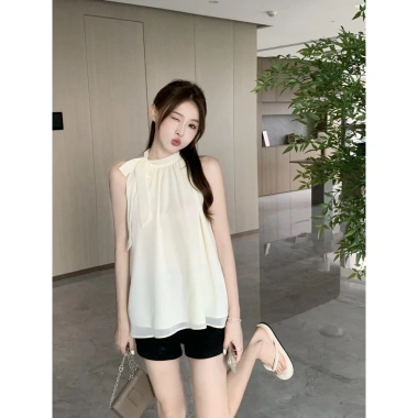 Áo ba lỗ voan không tay mùa hè nữ, cổ dây buộc phong cách dịu dàng kiểu Pháp, babydoll rộng rãi