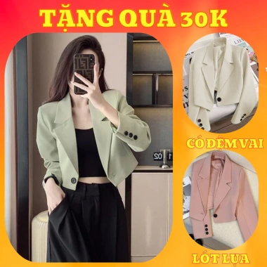 Áo blazer croptop nữ ngắn dài tay, đệm vai 2 lớp, lót lụa tôn Hàn Quốc - 179.000₫