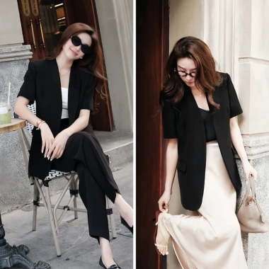 Áo blazer ngắn tay NhunFashion N144 Vest nữ tay lỡ cổ nhọn không nút 2 lớp đệm vai form đứng giảm còn 295k