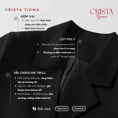 Áo Blazer Nữ Dáng Ngắn Crista Tigma 2 Lớp Lót Lụa Đệm Vai - Sang Trọng, Giá 299k 3