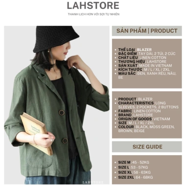 Áo blazer nữ LAHSTORE linen 1 lớp tay dài cổ ve ngọc 2 túi 2 cúc - 4 màu (Be, Đen, Rêu, Nâu) Giá chỉ 290.400 VND 2