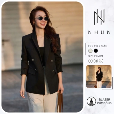 Áo blazer suông NHUN N185 hai hàng khuy dáng dài thanh lịch sang trọng, giảm còn 390k