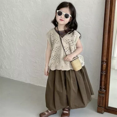 Áo Cardigan Đan Bé Gái + Quần Ống Rộng Hàn Quốc Xuân Hè 2.025 Mềm Mại Dễ Thương