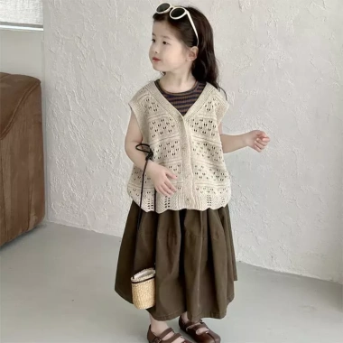 Áo Cardigan Đan Bé Gái + Quần Ống Rộng Hàn Quốc Xuân Hè 2.025 Mềm Mại Dễ Thương