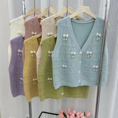 Áo Cardigan Nữ 2.024 Tươi Ngọt Ngào Đính Hạt Nơ Dệt Kim Cổ V Không Tay Vest Lớp Thời Trang