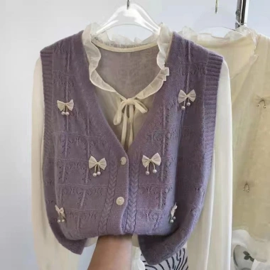 Áo Cardigan Nữ 2.024 Tươi Ngọt Ngào Đính Hạt Nơ Dệt Kim Cổ V Không Tay Vest Lớp Thời Trang