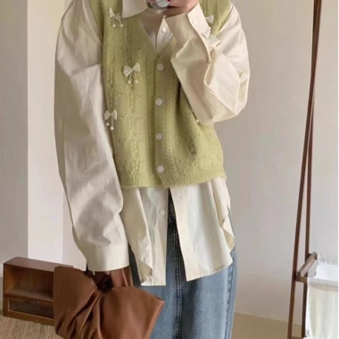 Áo Cardigan Nữ 2.024 Tươi Ngọt Ngào Đính Hạt Nơ Dệt Kim Cổ V Không Tay Vest Lớp Thời Trang