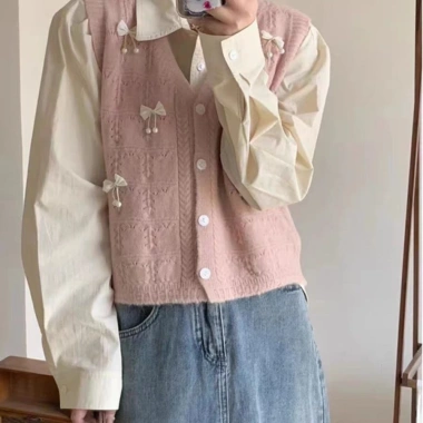 Áo Cardigan Nữ 2.024 Tươi Ngọt Ngào Đính Hạt Nơ Dệt Kim Cổ V Không Tay Vest Lớp Thời Trang