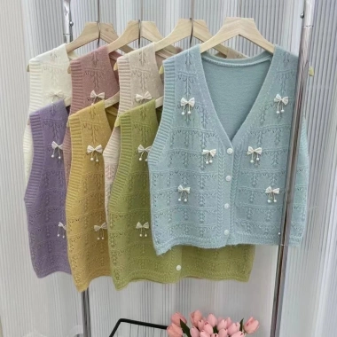 Áo Cardigan Nữ 2.024 Tươi Ngọt Ngào Đính Hạt Nơ Dệt Kim Cổ V Không Tay Vest Lớp Thời Trang