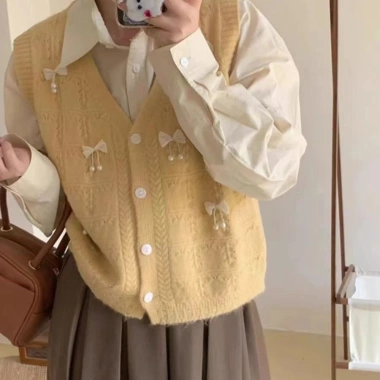 Áo Cardigan Nữ 2.024 Tươi Ngọt Ngào Đính Hạt Nơ Dệt Kim Cổ V Không Tay Vest Lớp Thời Trang