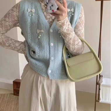 Áo Cardigan Nữ 2.024 Tươi Ngọt Ngào Đính Hạt Nơ Dệt Kim Cổ V Không Tay Vest Lớp Thời Trang