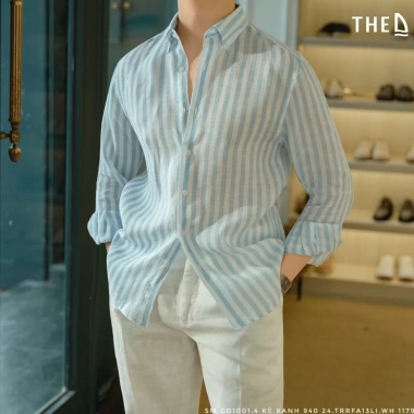 Áo Casual Linen Premium D Regular Fit, Kẻ Xanh, Linen Cao Cấp, Size M-2XL, Giá ưu đãi 940.000₫