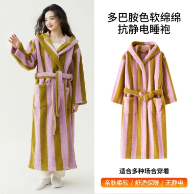 Áo choàng tắm da lộn mũ trùm đầu dày, váy ngủ nhung đẹp, bộ đồ ngủ cặp đôi, chống tĩnh điện 4
