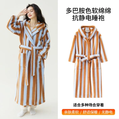 Áo choàng tắm da lộn mũ trùm đầu dày, váy ngủ nhung đẹp, bộ đồ ngủ cặp đôi, chống tĩnh điện 5