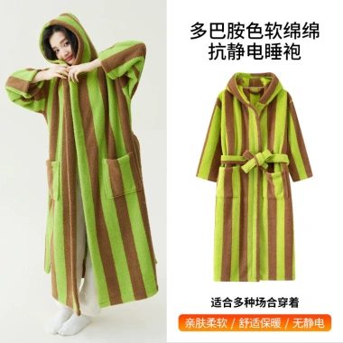 Áo choàng tắm da lộn mũ trùm đầu dày, váy ngủ nhung đẹp, bộ đồ ngủ cặp đôi, chống tĩnh điện 8