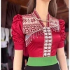 Áo cổ V phi bóng đỏ đô thổ cẩm, tay bồng đỏ, áo cóm dân tộc Thái - Giá chỉ 300.000₫