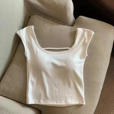 Áo cộc nữ mùa hè thun 4 chiều, cổ vuông tay hến, khoét lưng croptop - 79.000 VND