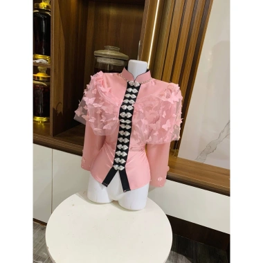 Áo cóm cổ đứng lụa mềm hồng tay dài, đá nhỏ 2 cánh bươm, phong cách dân tộc Thái - Giảm tới 300k 2 Áo cóm cổ đứng lụa mềm hồng tay dài, đá nhỏ 2 cánh bươm, phong cách dân tộc Thái - Giảm tới 300k 2