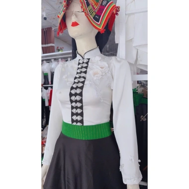 Áo cóm cổ đứng lụa mềm tay dài, hoa đôi đẹp đá cổ - áo dân tộc Thái giá 350k 5