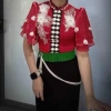 Áo cóm cổ sóng lụa mềm đỏ đô tay tơ 2 lớp, đá to cổ hoa ren, tay hoa Dân tộc Thái 2