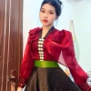 Áo cóm cổ V lụa mềm đỏ đô nẹp đen nơ 1 cánh, bươm tay tơ dài Giá ưu đãi 250.000đ