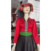 Áo cóm cổ V lụa mềm đỏ đô nẹp đen tay dài - hoa đôi đỏ, áo dân tộc Thái, giảm giá 450k