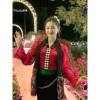 Áo cóm cổ V phi bóng đỏ đô nẹp đen tay tơ dài xoè - Áp cóm dân tộc Thái giá ưu đãi 250k 2
