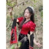 Áo cóm cổ V phi bóng đỏ nẹp đen tay cộc chun bấm hoa ngọc ngực - Đẹp dân tộc Thái giá 250k 2