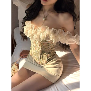 Áo Corset Cup Ngực Phối Bèo Tơ Hoa Nhí Vintage - Lãng Mạn, Giá 246k